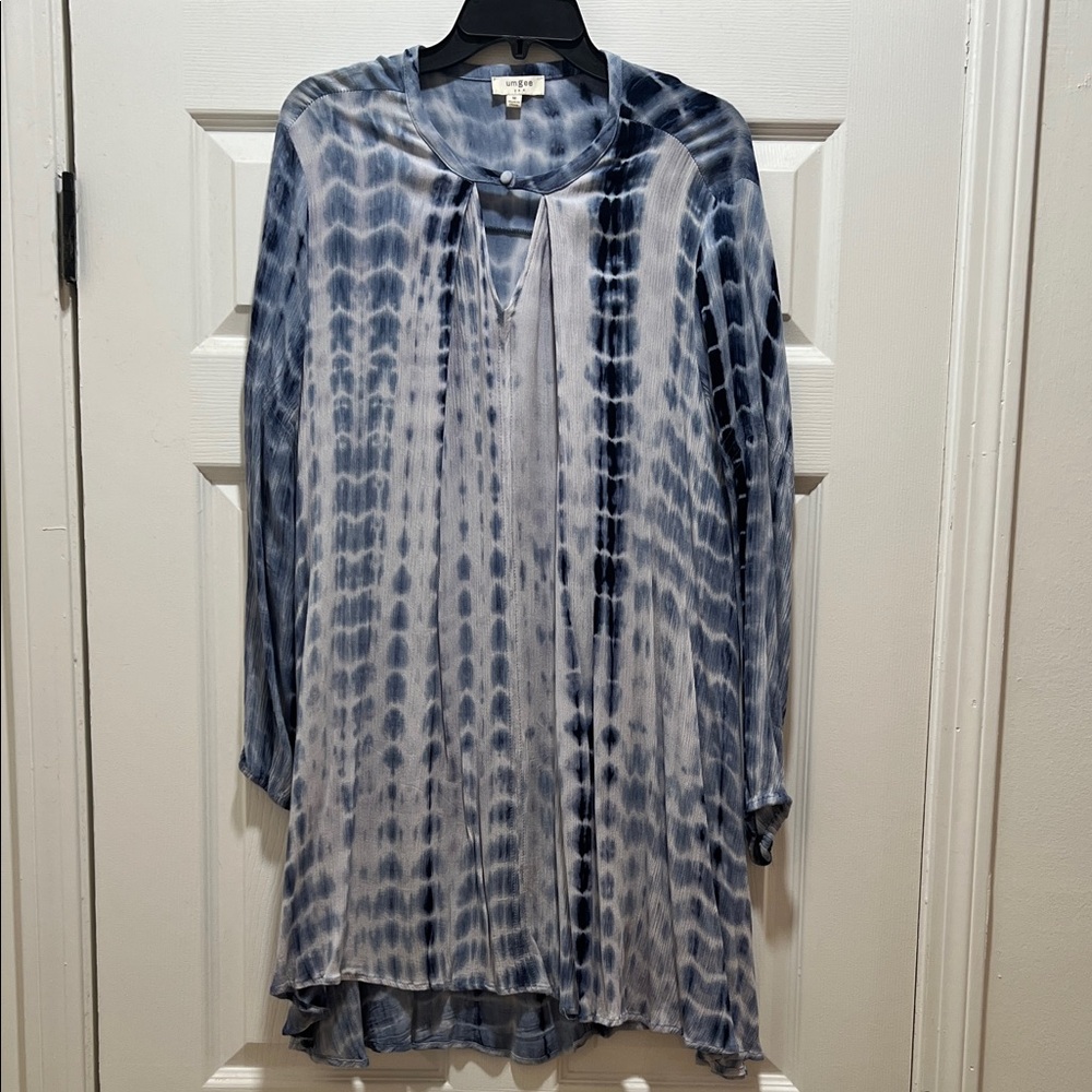 Blue Tie-Dye Long Sleeve Tunic Dress